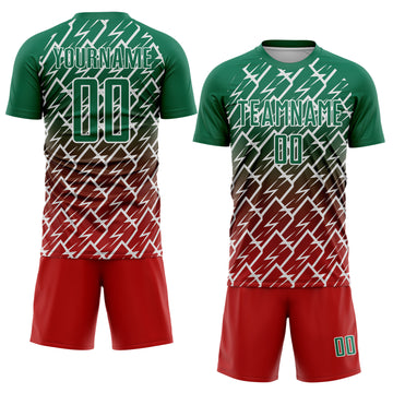 Custom Kelly Green Red-White Lightning Sports Sublimation Soccer Uniform Jersey