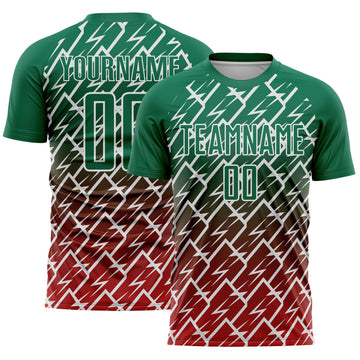 Custom Kelly Green Red-White Lightning Sports Sublimation Soccer Uniform Jersey
