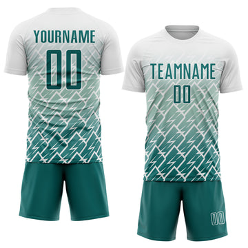 Custom White Teal Lightning Sports Sublimation Soccer Uniform Jersey