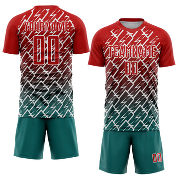 Custom Red Teal-White Lightning Sports Sublimation Soccer Uniform Jersey