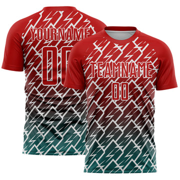 Custom Red Teal-White Lightning Sports Sublimation Soccer Uniform Jersey