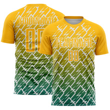 Laden Sie das Bild in den Galerie-Viewer, Custom Gold Teal-White Lightning Sports Sublimation Soccer Uniform Jersey
