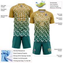 Load image into Gallery viewer, Custom Old Gold Teal-White Lightning Sports Sublimation Soccer Uniform Jersey
