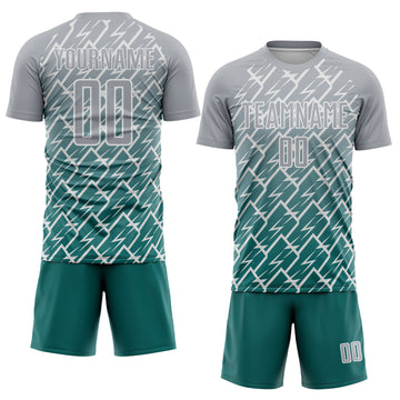 Custom Gray Teal-White Lightning Sports Sublimation Soccer Uniform Jersey