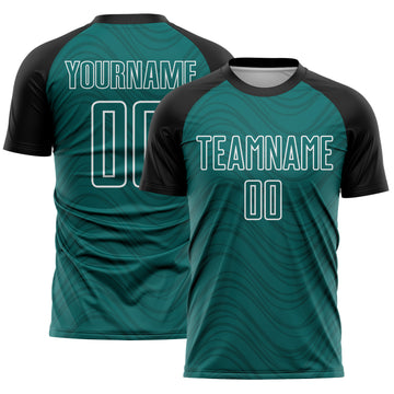 Custom Teal Black-White Wavy Lines Sports Sublimation Soccer Uniform Jersey