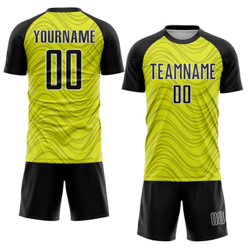 Custom Neon Yellow Black-White Wavy Lines Sports Sublimation Soccer Uniform Jersey