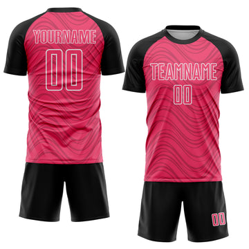 Custom Neon Pink Black-White Wavy Lines Sports Sublimation Soccer Uniform Jersey