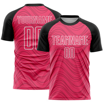 Custom Neon Pink Black-White Wavy Lines Sports Sublimation Soccer Uniform Jersey
