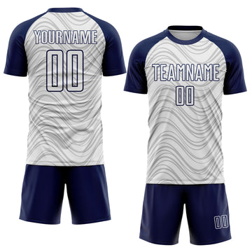 Custom White Navy Wavy Lines Sports Sublimation Soccer Uniform Jersey
