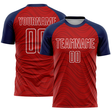 Custom Red Navy-White Wavy Lines Sports Sublimation Soccer Uniform Jersey
