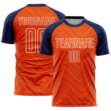 Custom Orange Navy-White Wavy Lines Sports Sublimation Soccer Uniform Jersey