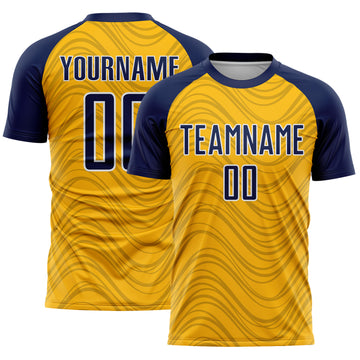 Custom Gold Navy-White Wavy Lines Sports Sublimation Soccer Uniform Jersey
