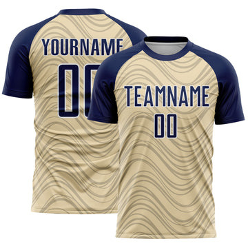 Custom Cream Navy-White Wavy Lines Sports Sublimation Soccer Uniform Jersey