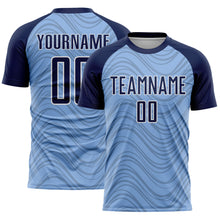 Laden Sie das Bild in den Galerie-Viewer, Custom Light Blue Navy-White Wavy Lines Sports Sublimation Soccer Uniform Jersey
