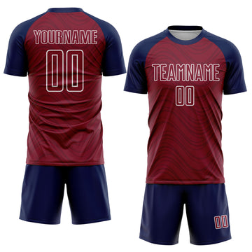 Custom Crimson Navy-White Wavy Lines Sports Sublimation Soccer Uniform Jersey
