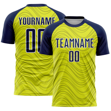 Custom Neon Yellow Navy-White Wavy Lines Sports Sublimation Soccer Uniform Jersey