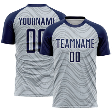 Custom Silver Navy-White Wavy Lines Sports Sublimation Soccer Uniform Jersey
