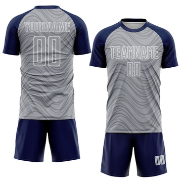 Custom Gray Navy-White Wavy Lines Sports Sublimation Soccer Uniform Jersey
