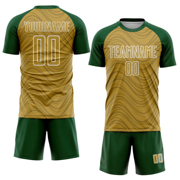 Custom Old Gold Green-White Wavy Lines Sports Sublimation Soccer Uniform Jersey