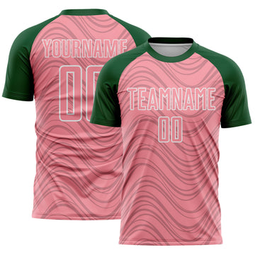 Custom Medium Pink Green-White Wavy Lines Sports Sublimation Soccer Uniform Jersey