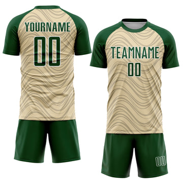 Custom Cream Green-White Wavy Lines Sports Sublimation Soccer Uniform Jersey