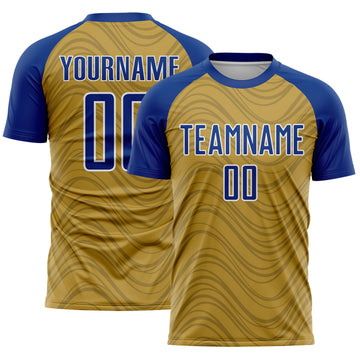 Custom Old Gold Royal-White Wavy Lines Sports Sublimation Soccer Uniform Jersey