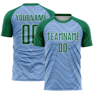 Custom Light Blue Kelly Green-White Wavy Lines Sports Sublimation Soccer Uniform Jersey