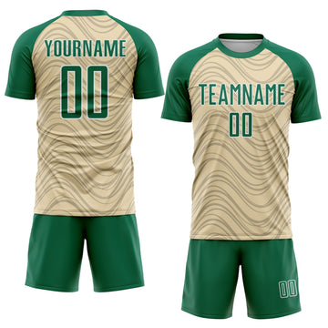 Custom Cream Kelly Green-White Wavy Lines Sports Sublimation Soccer Uniform Jersey