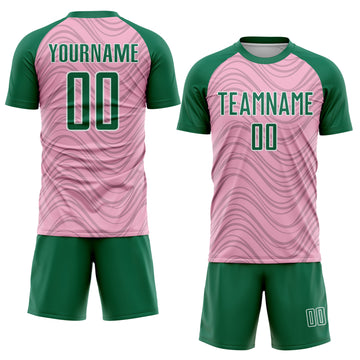 Custom Light Pink Kelly Green-White Wavy Lines Sports Sublimation Soccer Uniform Jersey