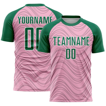 Custom Light Pink Kelly Green-White Wavy Lines Sports Sublimation Soccer Uniform Jersey
