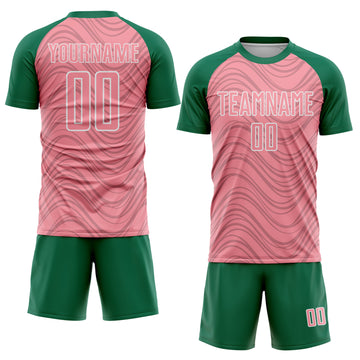 Custom Medium Pink Kelly Green-White Wavy Lines Sports Sublimation Soccer Uniform Jersey