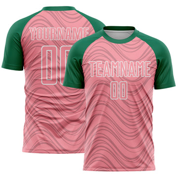 Custom Medium Pink Kelly Green-White Wavy Lines Sports Sublimation Soccer Uniform Jersey