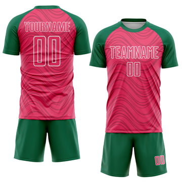Custom Neon Pink Kelly Green-White Wavy Lines Sports Sublimation Soccer Uniform Jersey