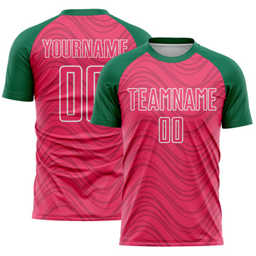 Custom Neon Pink Kelly Green-White Wavy Lines Sports Sublimation Soccer Uniform Jersey