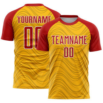Custom Gold Red-White Wavy Lines Sports Sublimation Soccer Uniform Jersey