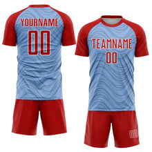 Laden Sie das Bild in den Galerie-Viewer, Custom Light Blue Red-White Wavy Lines Sports Sublimation Soccer Uniform Jersey

