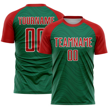 Custom Kelly Green Red-White Wavy Lines Sports Sublimation Soccer Uniform Jersey