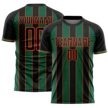 Laden Sie das Bild in den Galerie-Viewer, Custom Black Kelly Green-Orange Pinstripe Line Sports Sublimation Soccer Uniform Jersey
