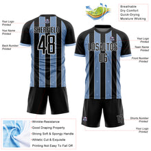 Laden Sie das Bild in den Galerie-Viewer, Custom Black Light Blue-White Pinstripe Line Sports Sublimation Soccer Uniform Jersey
