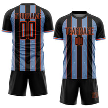 Laden Sie das Bild in den Galerie-Viewer, Custom Black Light Blue-Orange Pinstripe Line Sports Sublimation Soccer Uniform Jersey
