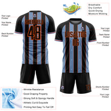 Laden Sie das Bild in den Galerie-Viewer, Custom Black Light Blue-Orange Pinstripe Line Sports Sublimation Soccer Uniform Jersey

