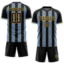Загрузить изображение в средство просмотра галереи, Custom Black Light Blue-Yellow Pinstripe Line Sports Sublimation Soccer Uniform Jersey
