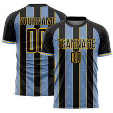 Загрузить изображение в средство просмотра галереи, Custom Black Light Blue-Yellow Pinstripe Line Sports Sublimation Soccer Uniform Jersey
