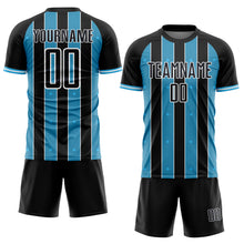 Laden Sie das Bild in den Galerie-Viewer, Custom Black Sky Blue-White Pinstripe Line Sports Sublimation Soccer Uniform Jersey
