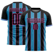 Laden Sie das Bild in den Galerie-Viewer, Custom Black Sky Blue-Pink Pinstripe Line Sports Sublimation Soccer Uniform Jersey

