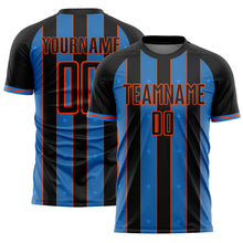 Laden Sie das Bild in den Galerie-Viewer, Custom Black Powder Blue-Orange Pinstripe Line Sports Sublimation Soccer Uniform Jersey
