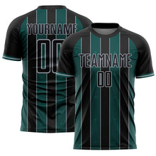 Laden Sie das Bild in den Galerie-Viewer, Custom Black Midnight Green-Gray Pinstripe Line Sports Sublimation Soccer Uniform Jersey
