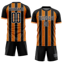 Laden Sie das Bild in den Galerie-Viewer, Custom Black Bay Orange-White Pinstripe Line Sports Sublimation Soccer Uniform Jersey

