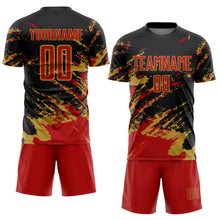 Load image into Gallery viewer, Custom Black Red-Old Gold Abstract Fragment Art Splash Sports Sublimation Soccer Uniform Jersey
