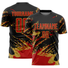 Load image into Gallery viewer, Custom Black Red-Old Gold Abstract Fragment Art Splash Sports Sublimation Soccer Uniform Jersey
